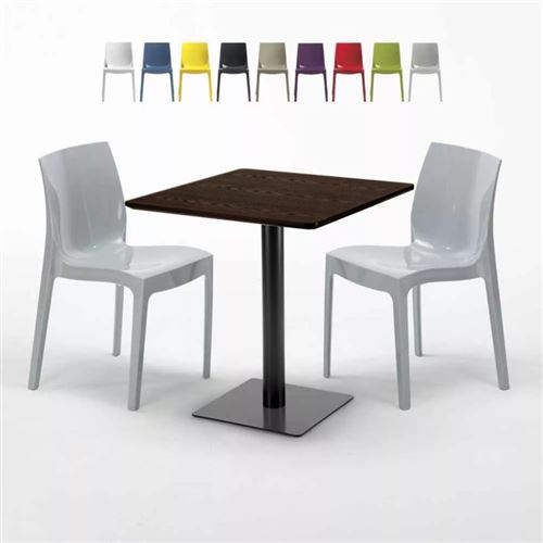 Table Carrée 70x70 Effet Bois avec 2 Chaises Colorées Ice Melon, Couleur: Gris