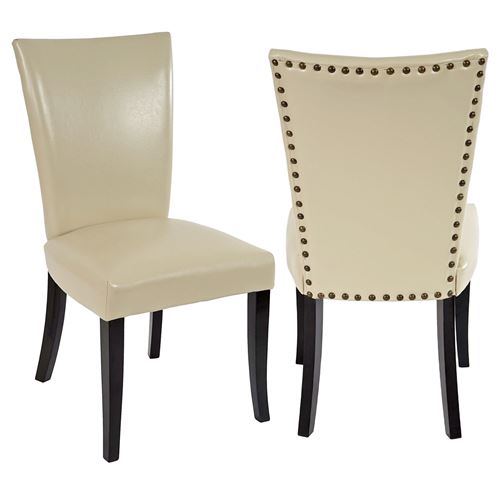 Lot de 2 chaises de salle à manger Chesterfield similicuir crème, pieds foncés