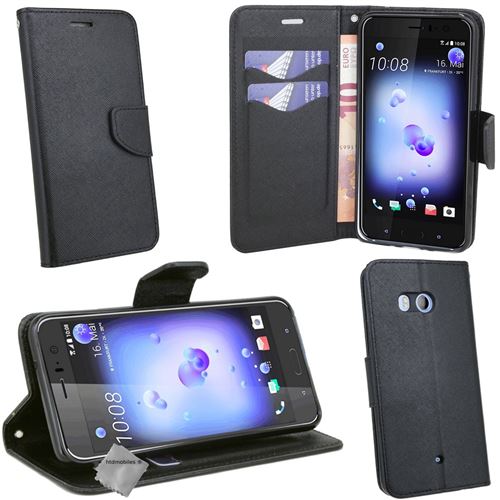 Housse etui coque pochette portefeuille pour HTC U11 avec verre trempe - NOIR / NOIR