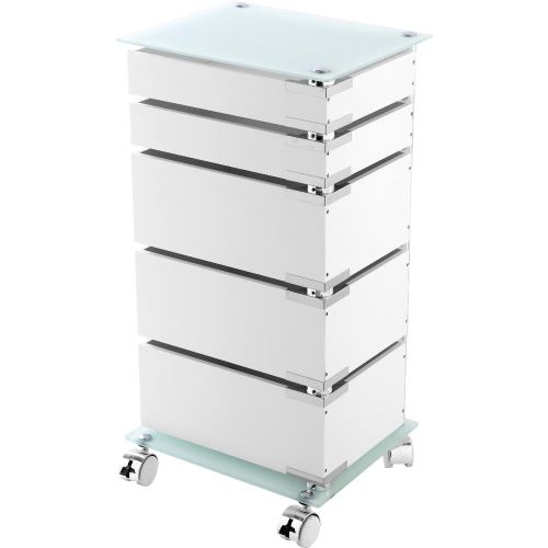 Chariot de rangement à roulettes 5 tiroirs pivotants en verre MDF
