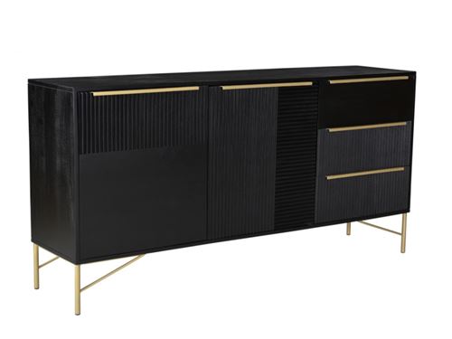 Buffet CHANDRA - 2 portes 3 tiroirs - Bois d' Acacia et Métal - Noir et Doré