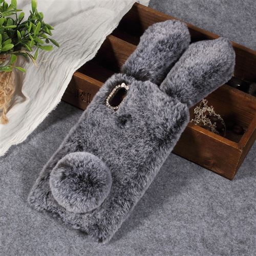 Coque en TPU forme de lapin en strass revêtu de fourrure duveteux gris foncé pour votre Xiaomi Redmi S2/Y2