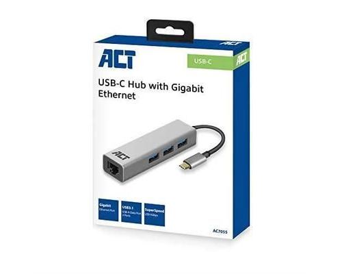 ACT Hub USB C 3.1 Gen1 (USB 3.0), 3 Ports, avec 1 Port réseau Gigabit, Longueur du câble 0,15 m, boîtier en Aluminium