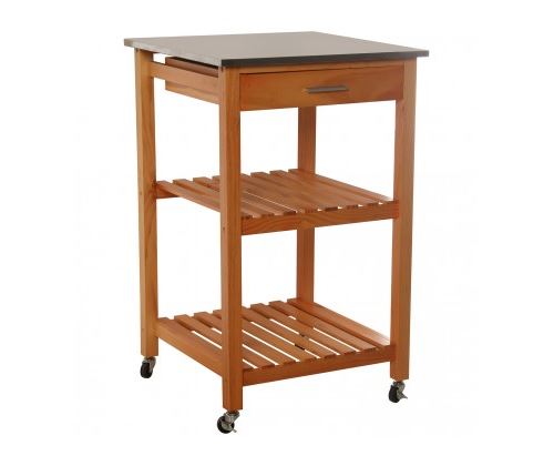 Desserte de Cuisine sur Roulettes en Bois Plateau Inox 1 Tiroir + 2 Étagères