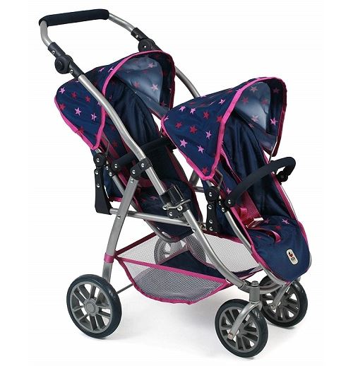 Jouet poussette jumeaux poupees - multipositions, pliable, poignee 55-84cm, motifs etoiles - 71x47x79cm