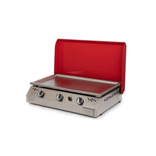 Plancha à gaz inox plaque de cuisson inox 4mm GARANTIE à VIE 3 feux avec couvercle rouge