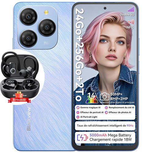 Blackview Shark 9 Smartphone Débloqué 5G Téléphone Portable Android 6.67 24Go+256Go 5000mAh 50MP NFC Bleu avec Blackview Airbuds 60