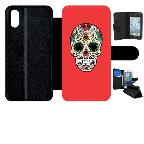 Etui My-Kase pour iPhone X - crane couleurs fond rouge - Simili-cuir Noir