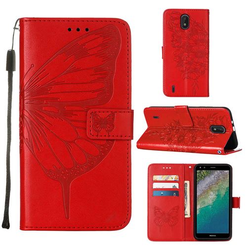 MPFRANCE Housse pour Nokia C01 Plus Rouge [Papillon V3]