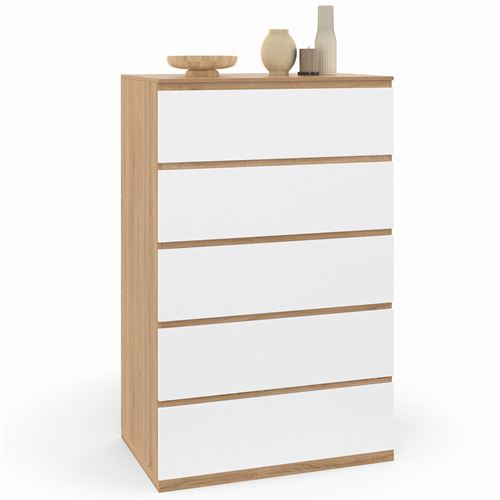 Chiffonier commode semainier bois façon hêtre et blanc 60 cm 5 tiroirs