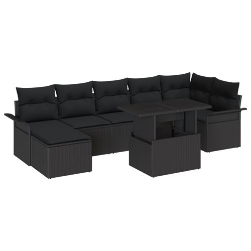 Ensemble de Canapé de Jardin 8 Pièces avec Coussins Noir Poly Rattan, Canapé de Jardin 2 Places avec Rangement & Coussins Noir
