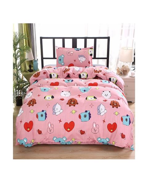 Set de housse de couette BT21 en coton 150x200cm avec drap housse 160*230cm et 2 taies d'oreiller 48*74cm