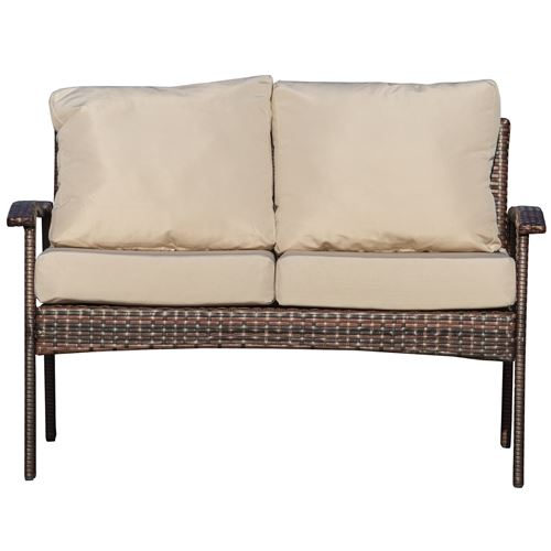 Banc de jardin 2 places style cosy chic coussins beige inclus métal époxy résine tressée imitation rotin chocolat