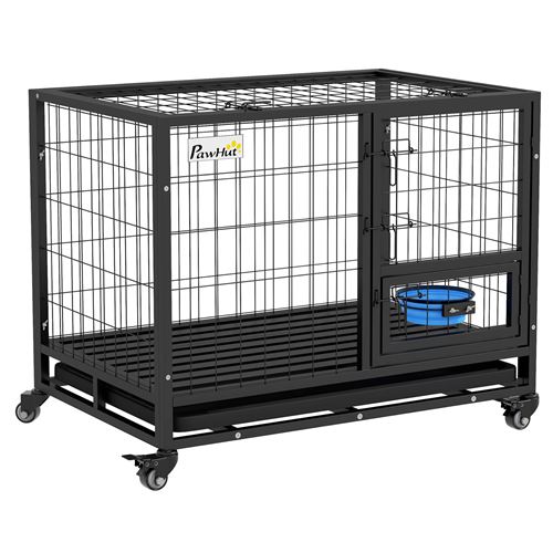 Meilleurs prix pour Cage pour chien sur roulettes 2 portes verrouillables - support gamelle, plateau amovible - acier noir