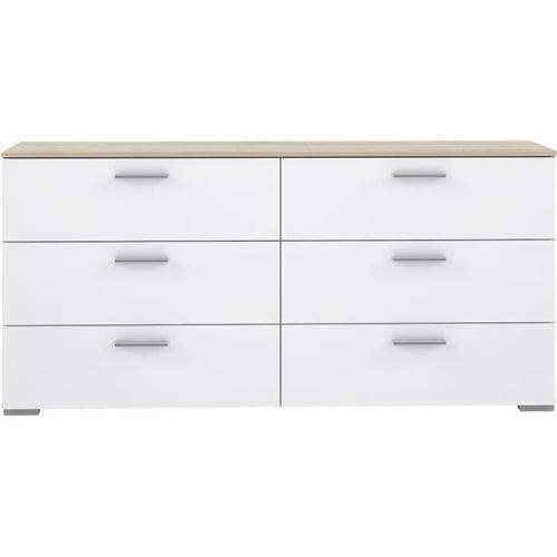 Commode 6 tiroirs - Decor chene et blanc mat - L 159,9 x P 41,3 x H 75,8 cm - BASJANA