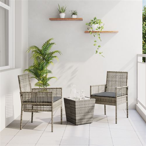 Non Communiqué Gris Set De Bistro De Jardin 3 Pièces Avec Coussins En Poly Rattan