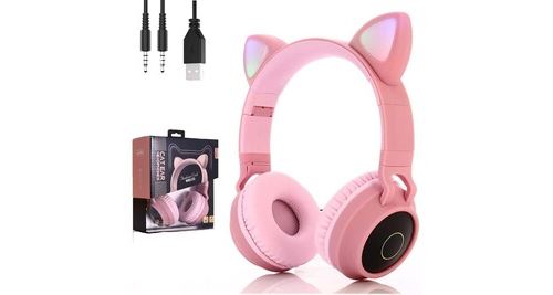 Chronus Rose Bluetooth Casque Chat Oreille Sans Fil Lumineux Oreille Écouteurs,Casque Audio Enfant, - Image 3