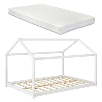 Lit Cabane Enfant Forme Maison [en.casa] Avec Toit Amovible - Sommier à Lattes Inclus, Bois De Pin Naturel, 90x200 Cm, Beige