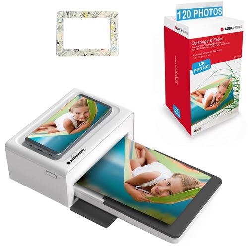 AGFA PHOTO Pack Imprimante Realipix Moments + Cartouches et papiers 120 photos + Joli cadre magnetique - Impression Bluetooth Photo 10x15 cm, iOS et Android, 4Pass Sublimation Thermique - Blanc