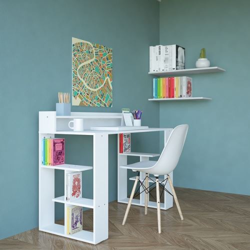 HOMEMANIA Bureau Requel avec Compartiments - pour Bureau, Chambre - Blanc en Bois, 120 x 54 x 90 cm