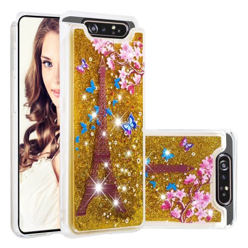 Coque en TPU paillettes fluides tour Eiffel pour votre Samsung Galaxy A90/A80