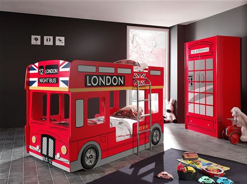 Lit superposé 90x200 Bus Londonien sommier inclus et Armoire 2 portes Car Beds - Rouge
