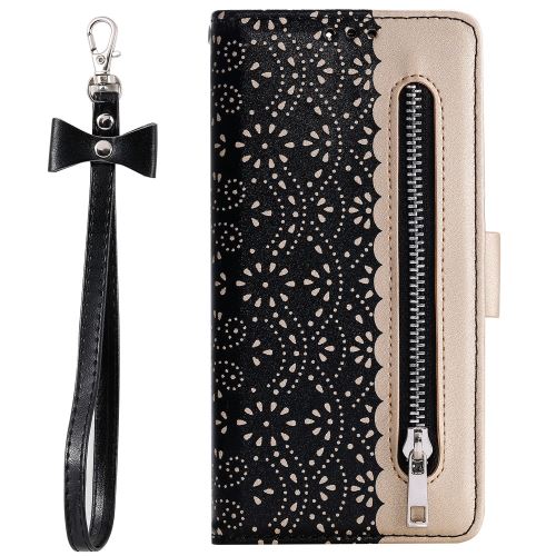 Etui en PU poche zippée à motif de fleurs en dentelle noir pour votre Apple iPhone XR (2019) 6.1 pouces