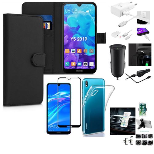 Coque Y5 2019 + Etui + Protection écran + Chargeur secteur et Auto + Support - Transparent