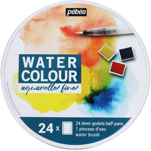 Boîte de 24 demi-godets aquarelle + pinceau à eau - Pébéo