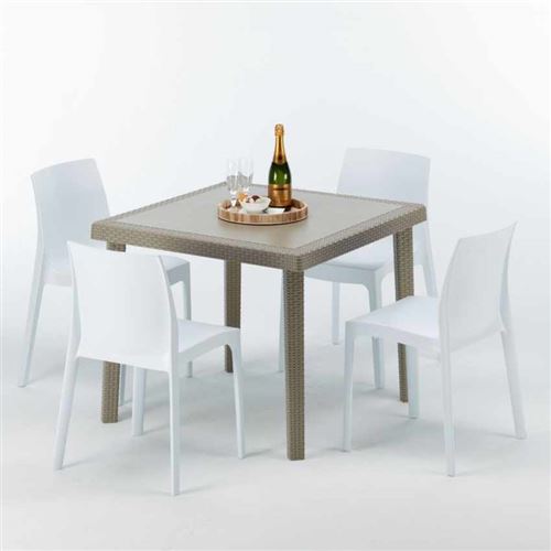 Table carrée beige + 4 chaises colorées Poly rotin synthétique ELEGANCE, Chaises Modèle: Rome Blanc