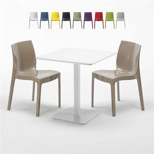 Table carrée 70x70 blanche avec 2 chaises colorées Ice Meringue, Couleur: Beige