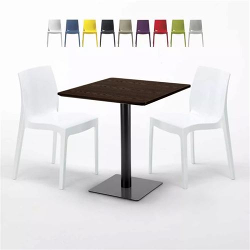 Table Carrée 70x70 Effet Bois avec 2 Chaises Colorées Ice Melon, Couleur: Blanc