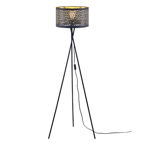 lampadaire trépied métal noir - abat jour tissu noir perforé - diam 34 x h 140 cm