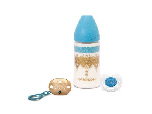 Suavinex - SET ETHNIC BIB 270ML + SUCETTE SILICONE REVERSIBLE + ATTACHE SUCETTE - BLANC