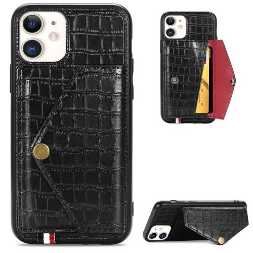 Coque en TPU + PU crocodile avec béquille et porte-cartes noir pour votre Apple iPhone 11 6.1 pouces