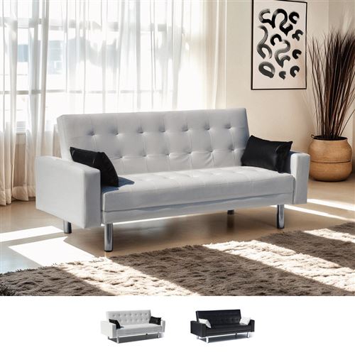 Modus Sofà - Canapé convertible 2 places en simili cuir avec accoudoirs et oreillers Agata, Couleur: Blanc