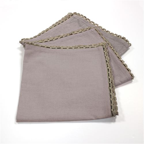 3 serviettes de table 40 x 40 cm coton uni+dentelle femina Taupe