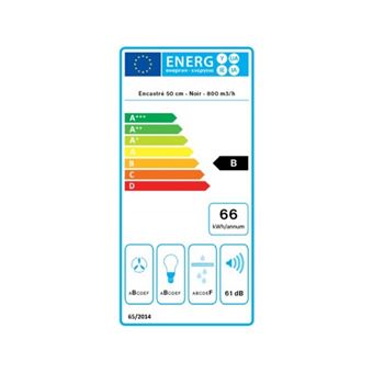 Hotte Encastrable FALMEC GRUPMU3120 50 cm, commandes tactiles , finition Noir Brillant,  4 vitesses, Debit booster = 670m3/h, Puissance acoustique max = 61dB. Eclairage LED reglable en temperature. Classe energetique : B