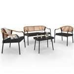 Salon de jardin bas MADEIRA 4 places structure en métal noir, cordage et coussins noirs