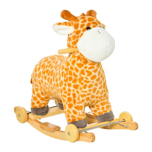 Jouet à bascule girafe et porteur sur roulettes 2 en 1 fonction sonore mugissement bois peuplier peluche courte polyester tacheté