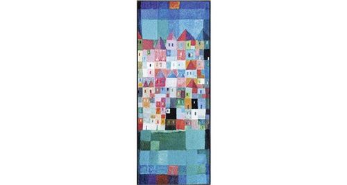 Paillasson 75x120 cm rectangulaire colourful houses tx bleu entrée adapté au chauffage par le sol