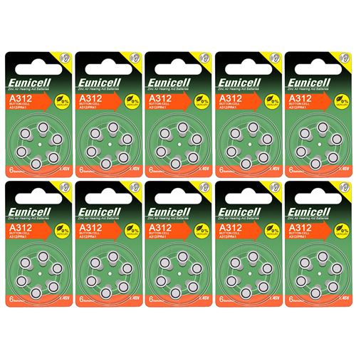 Pack de 60 Piles bouton Zinc Air 1,45V pour appareils auditifs Type A312/ 312 / PR41 - IRIOS -