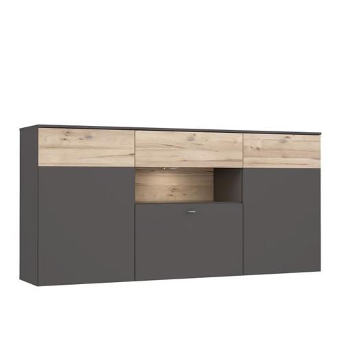 Buffet 3 portes 1 tiroir + LED - Decor chene et gris - L 194,8 x P 41,3 x H 94,5 cm - COMO