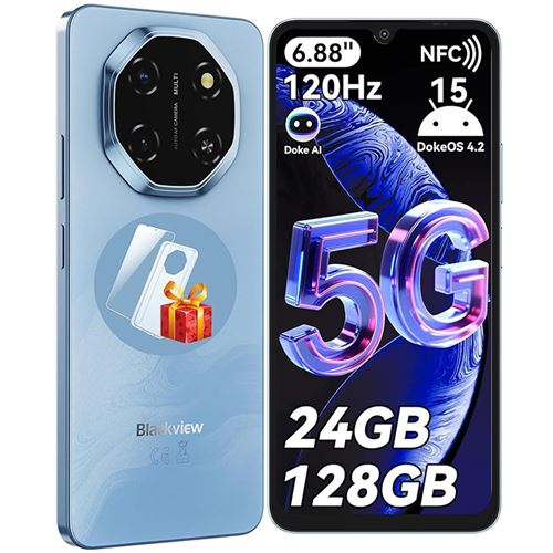 5G Téléphone Portable Débloqué Blackview SHARK 6 24Go+128Go/2To 6.67 50MP+13MP 5000mAh Android 15 Smartphone,Dual SIM,GPS - Bleu