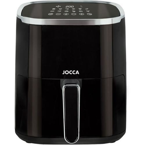Freidora de aire digital Jocca 5L blanca o negra con 12 programas automáticos, pantalla LED táctil, temperatura 80-200°C, temporizador 1-60min, apagado automático y potencia de 1450W. Incluye rejilla