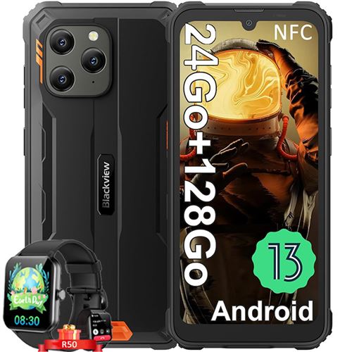 Blackview BV5300 Plus Téléphone Portable Incassable Android 13 6,1 128 Go 6580mAh Orange avec Smartwatch Blackview R50