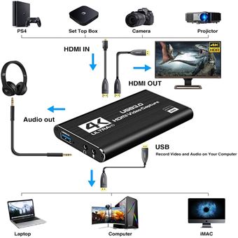 Carte De Capture Vidéo 4K HDMI USB 3.0 - Enregistrement 1080p 60fps Pour Streaming, Jeu, Visioconférence - Plug & Play