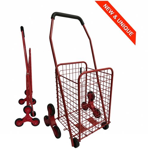 Chariot de courses en métal 4 ou 8 roues - Pliable - Capacité 45L - 2 coloris - Rouge - 8 roues - 33