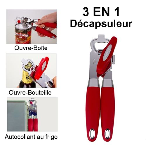 AiHom Ouvre-Boîte 3-en-1 Ouvre-Boîtes Manuel avec poignée Ergonomique Ouvre-Bouteille en Acier Inoxydable Ouvrir la Conserve Rouge pour Cuisine…