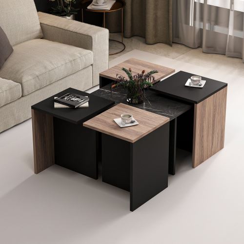 HOMEMANIA Owen Koffietafel- Modulaire ruimtebesparing - met planken - vanuit de woonkamer, de sofa - Zwart in hout, 88 x 74 x 12,2 cm